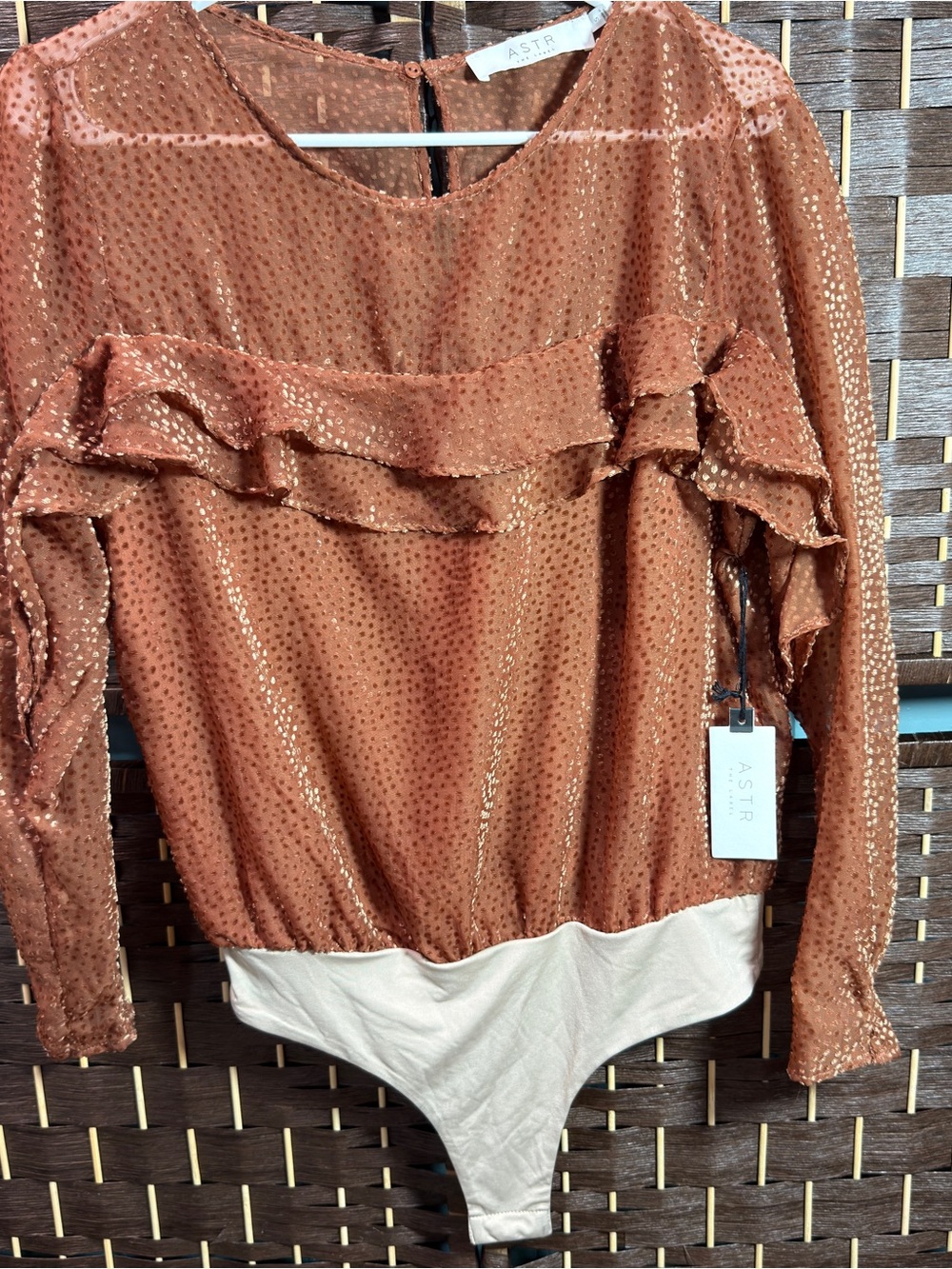 Astr the Label Metallic Rust Sequin Ruffle Bodysuit with Cream Bottom